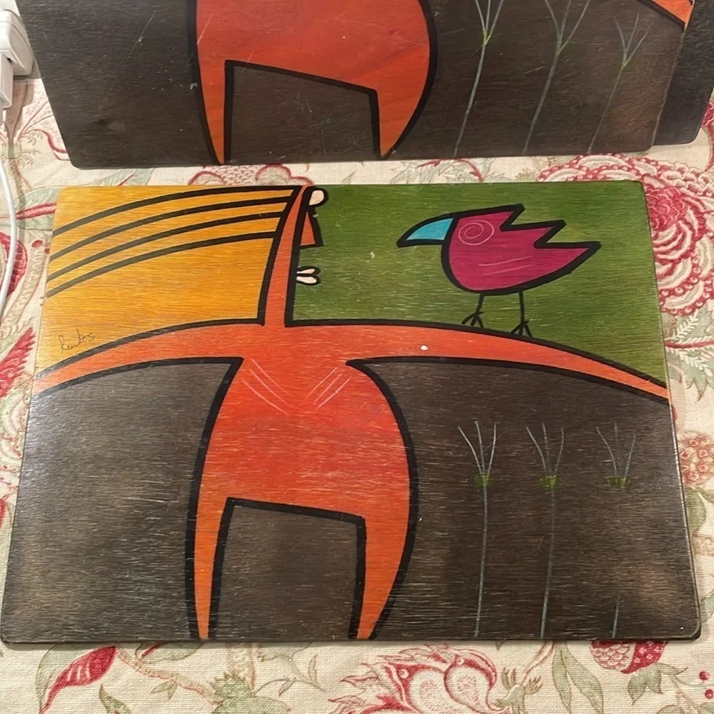 Kakadu Signed Wooden Hand Painted Vibrant Colored Exaggerate Person and Bird
